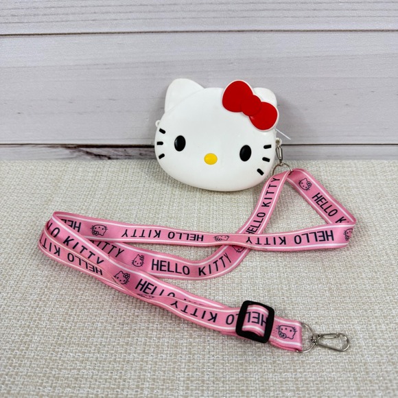 Hello Kitty White Face Coin Purse Bag Pink Lanyard Cute Kawaii Sanrio - Picture 1 of 6